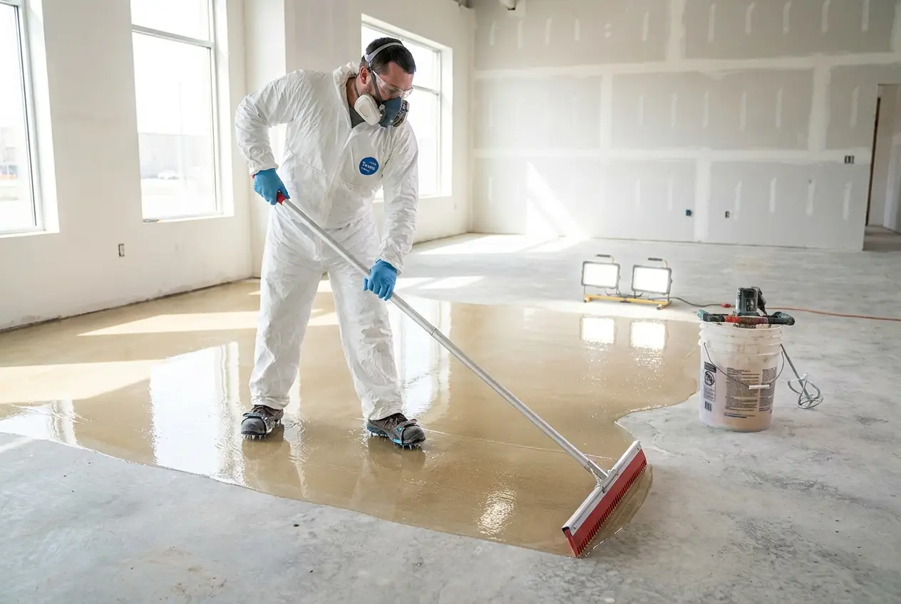 Applying epoxy base coat with squeegee and spike shoes
