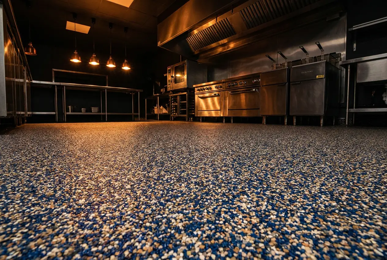 Quartz epoxy commercial kitchen flooring