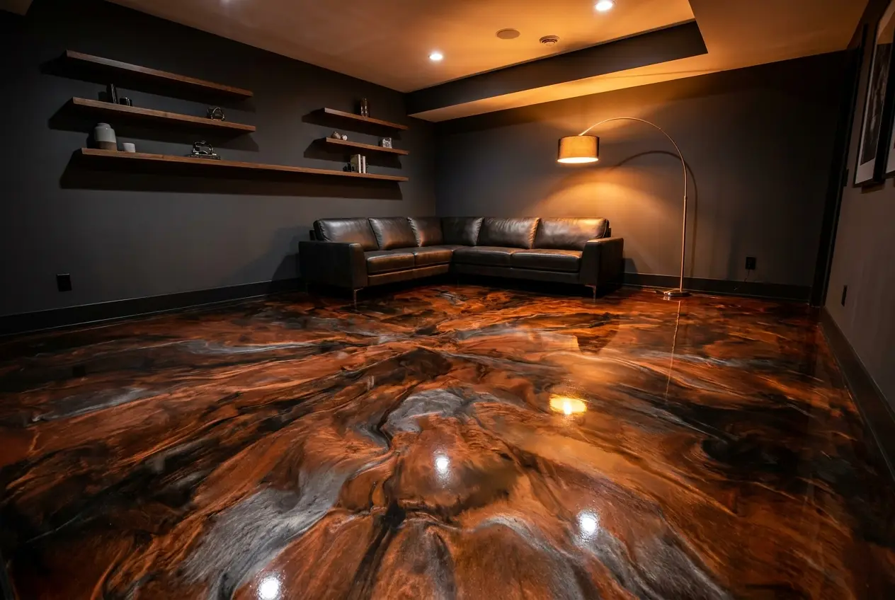 High-end metallic epoxy basement floor