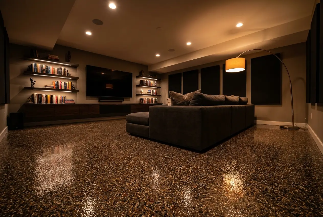 Finished flake epoxy basement floor