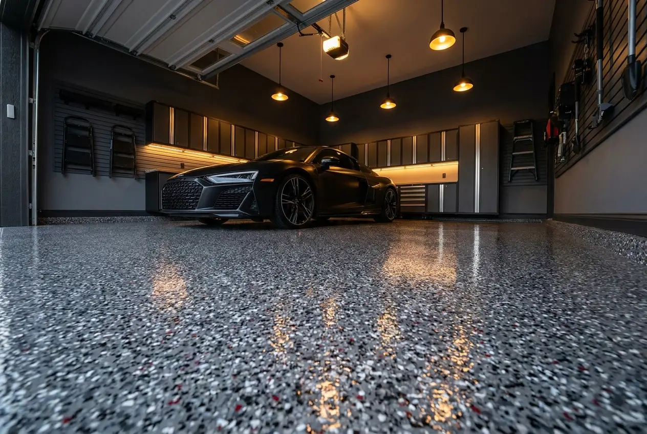 Luxury residential garage with decorative flake epoxy floor