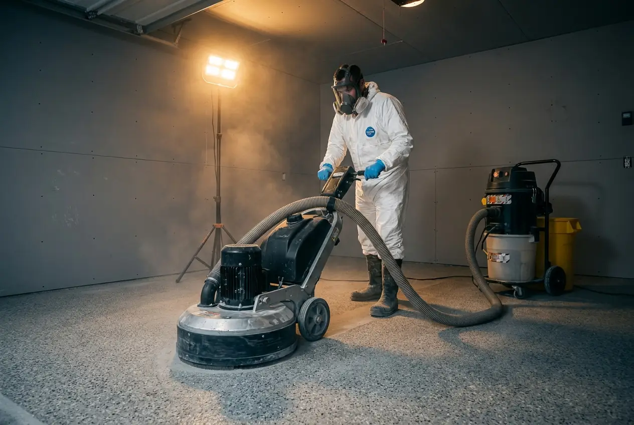 Concrete surface preparation with diamond grinder and HEPA dust extraction