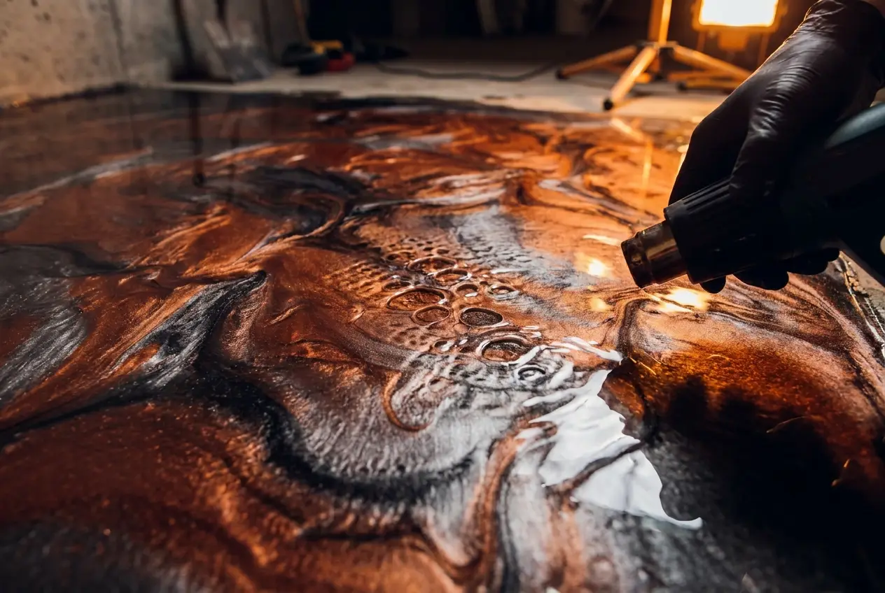 Metallic epoxy pour manipulation with hand blower