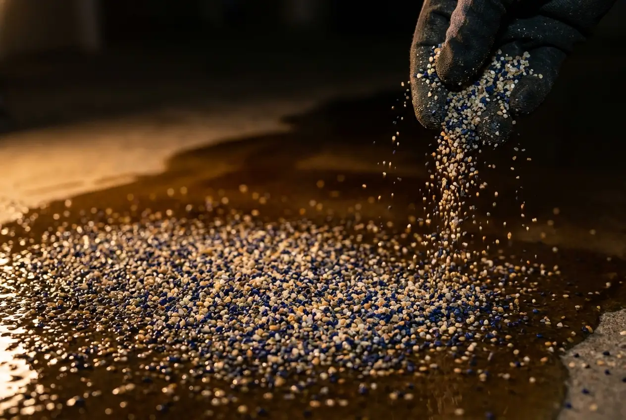 Colored quartz aggregate being hand-broadcast