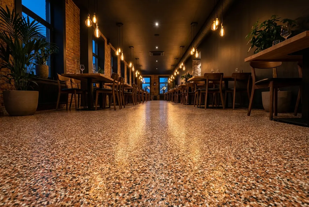 Modern restaurant with quartz epoxy flooring