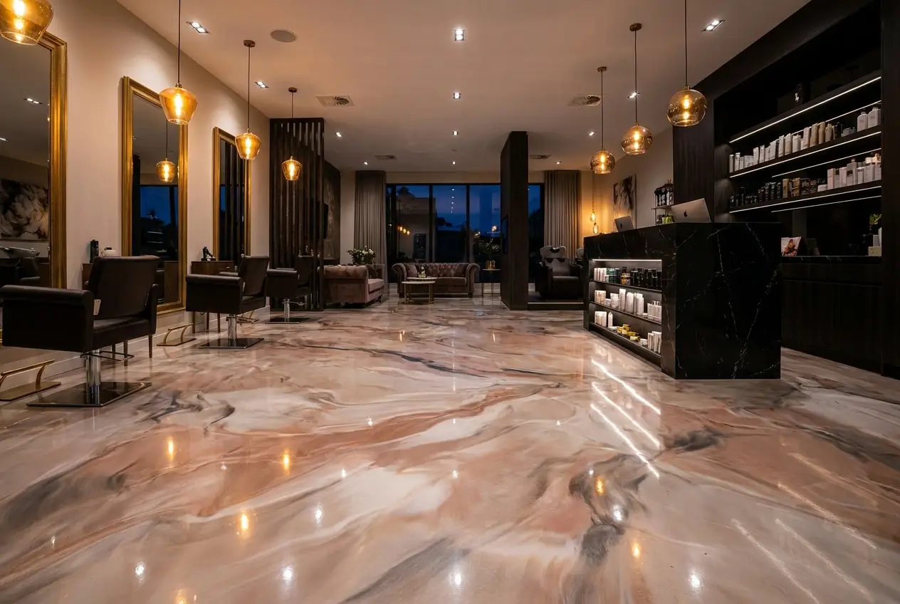 Finished metallic epoxy floor showing transformation from bare concrete
