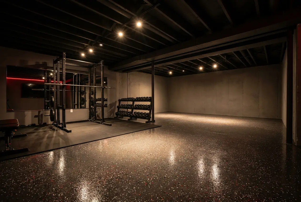 Home basement gym with black flake epoxy floor