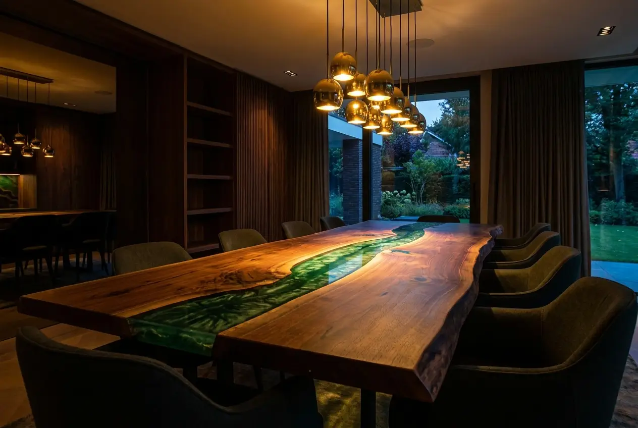 Custom epoxy river dining table with emerald pigment