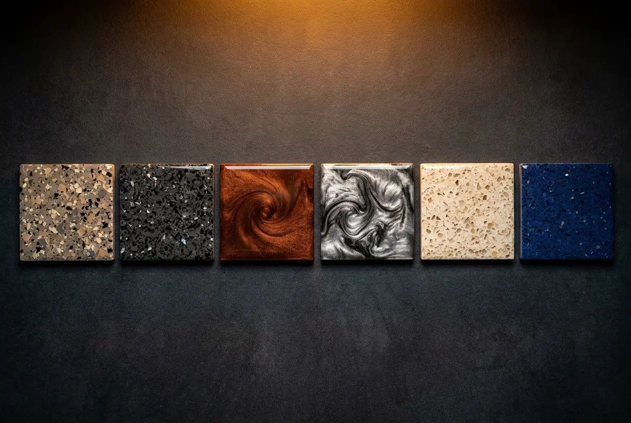 Peel Epoxy sample swatches showing flake metallic and quartz options